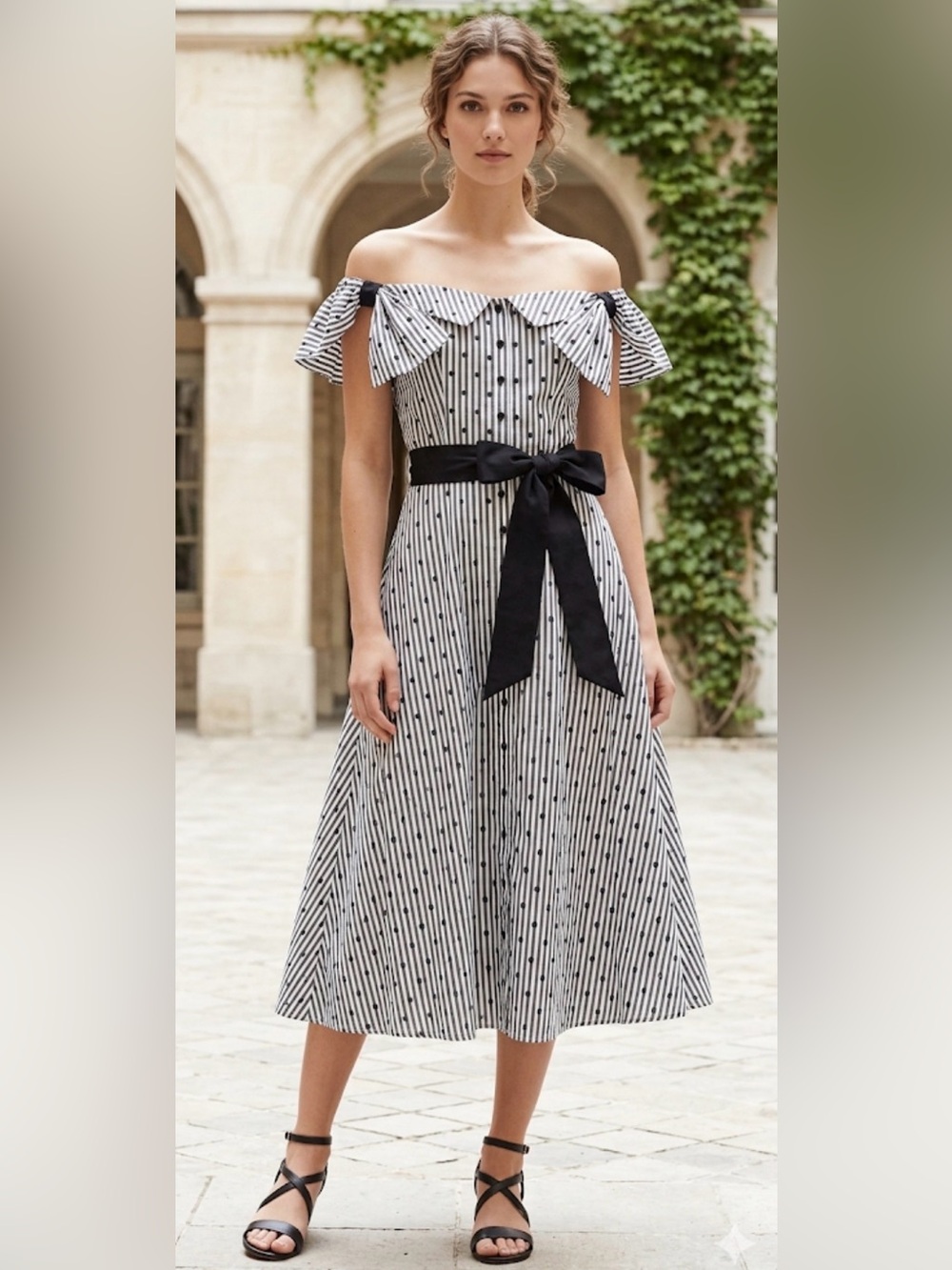 Anne Fontaine Polka Dot Striped Off-the-Shoulder Cotton Midi Dress Navy White 10
